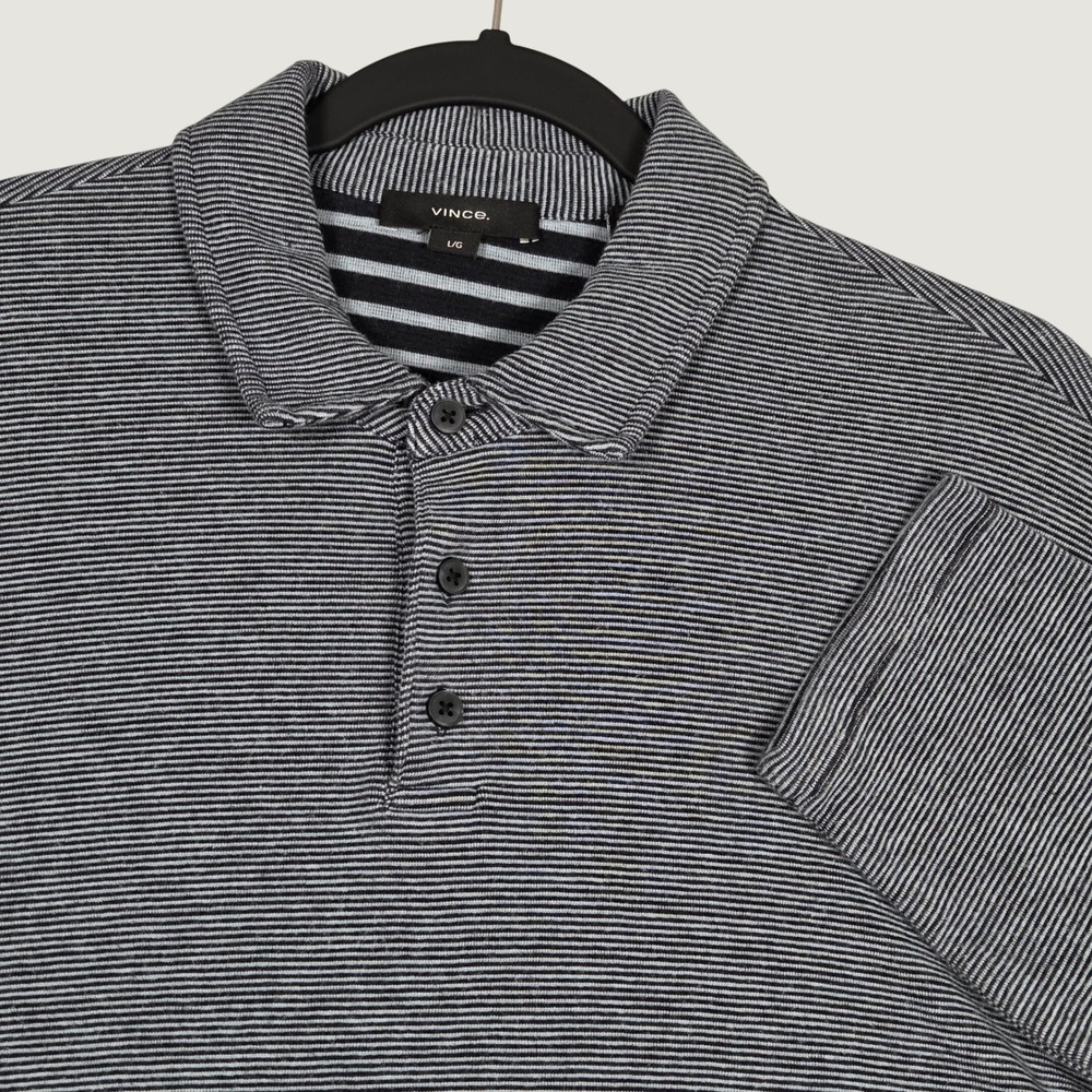 Vince Mens Large Long Sleeve Polo Shirt Blue Mirco Striped Cotton Blend